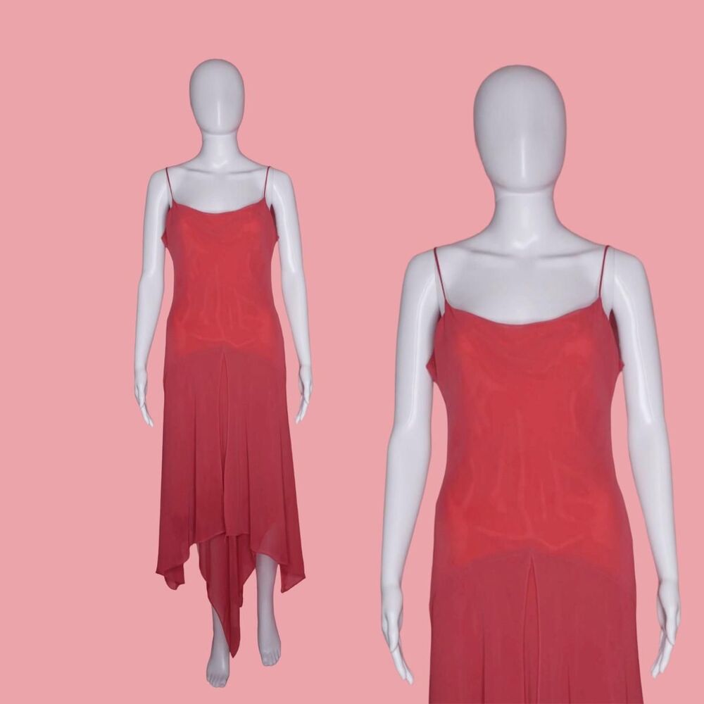 1990s-Y2K MORRELL MAXIE Rust Orange Sleeveless ASYMMETRICAL Hem Draped Dress S-M